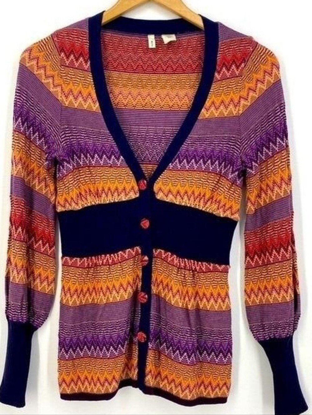 Anthropologie Moth Multicolor Zigzag V-Neck Cardigan - Purple, Orange, Navy